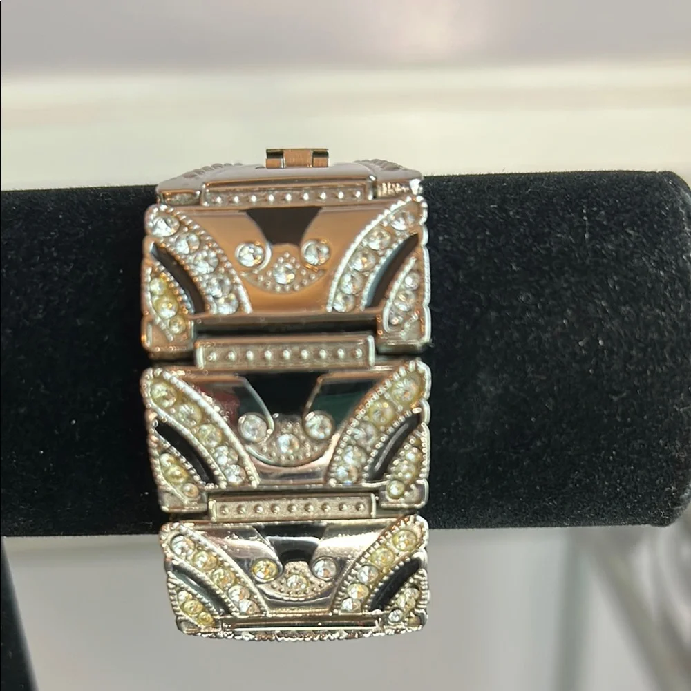 Vintage Dejuno Art Deco silver and black sparkly wide metal quartz watch